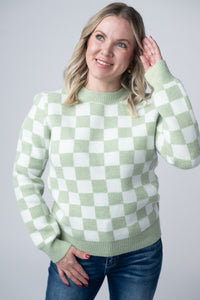 Checkered Sweater - Sage and White-Sweater-Villari Chic, women's online fashion boutique in Severna, Maryland
