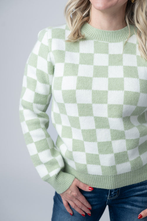 Checkered Sweater - Sage and White-Sweater-Villari Chic, women's online fashion boutique in Severna, Maryland