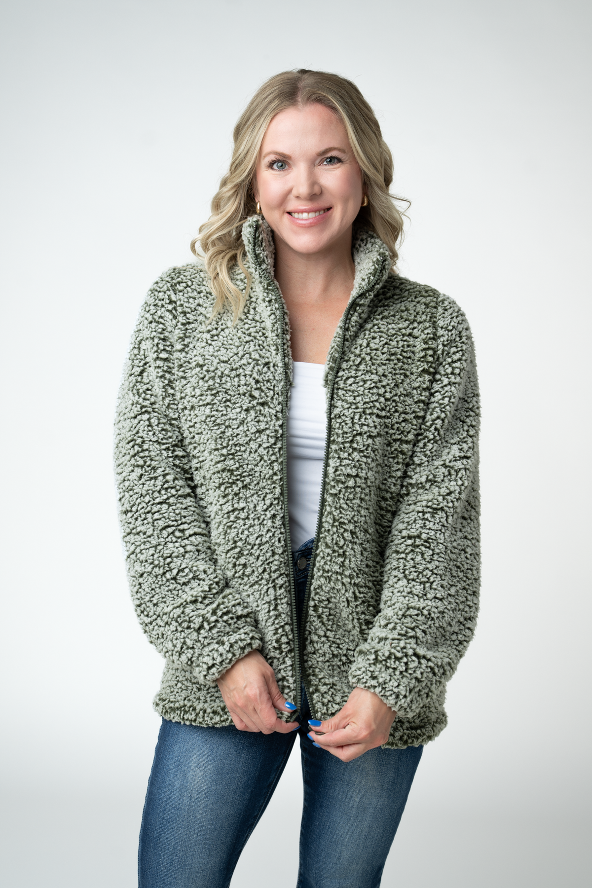 Two Tone Fullzip Sherpa - Olive and White-outerwear-Villari Chic, women's online fashion boutique in Severna, Maryland