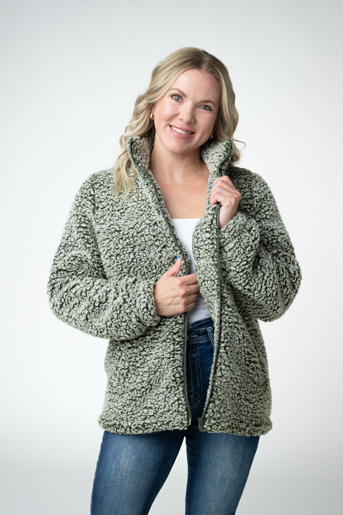Two Tone Fullzip Sherpa - Olive and White-outerwear-Villari Chic, women's online fashion boutique in Severna, Maryland