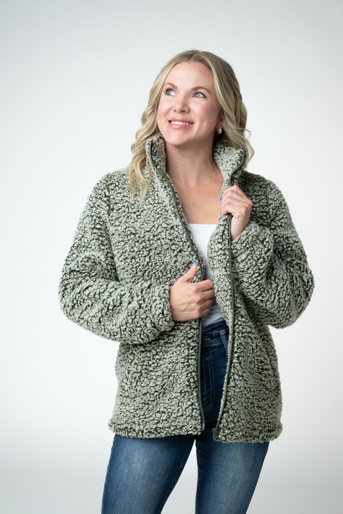 Two Tone Fullzip Sherpa - Olive and White-outerwear-Villari Chic, women's online fashion boutique in Severna, Maryland