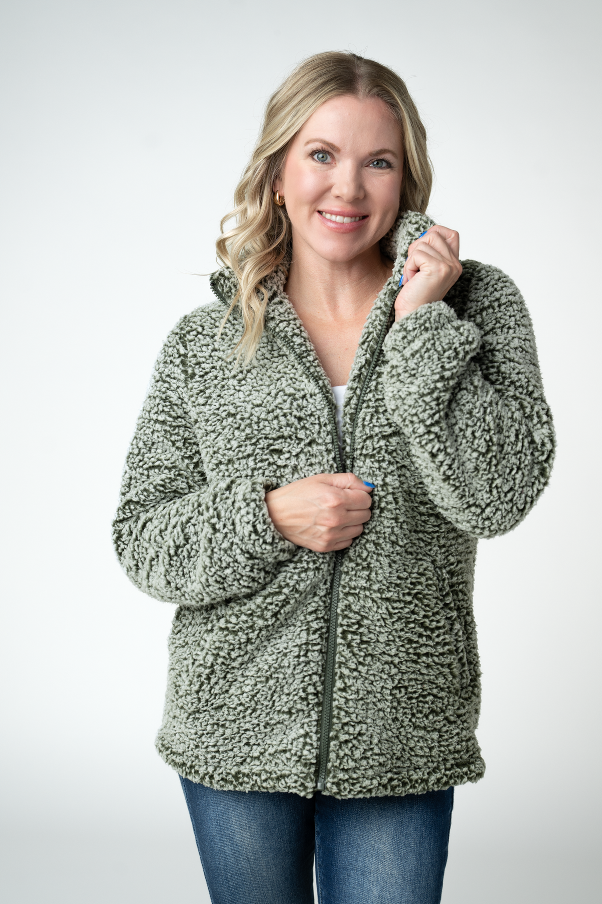 Two Tone Fullzip Sherpa - Olive and White-outerwear-Villari Chic, women's online fashion boutique in Severna, Maryland