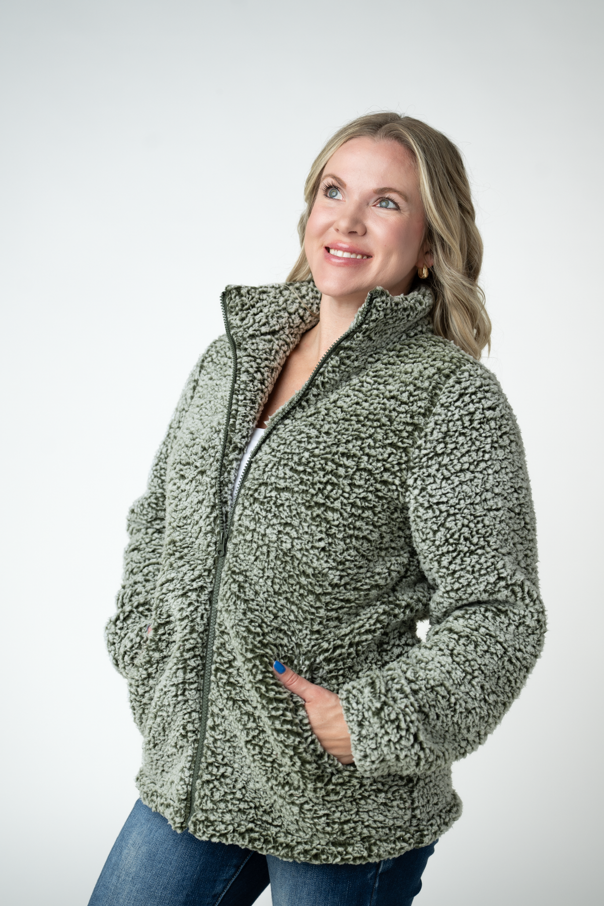 Two Tone Fullzip Sherpa - Olive and White-outerwear-Villari Chic, women's online fashion boutique in Severna, Maryland