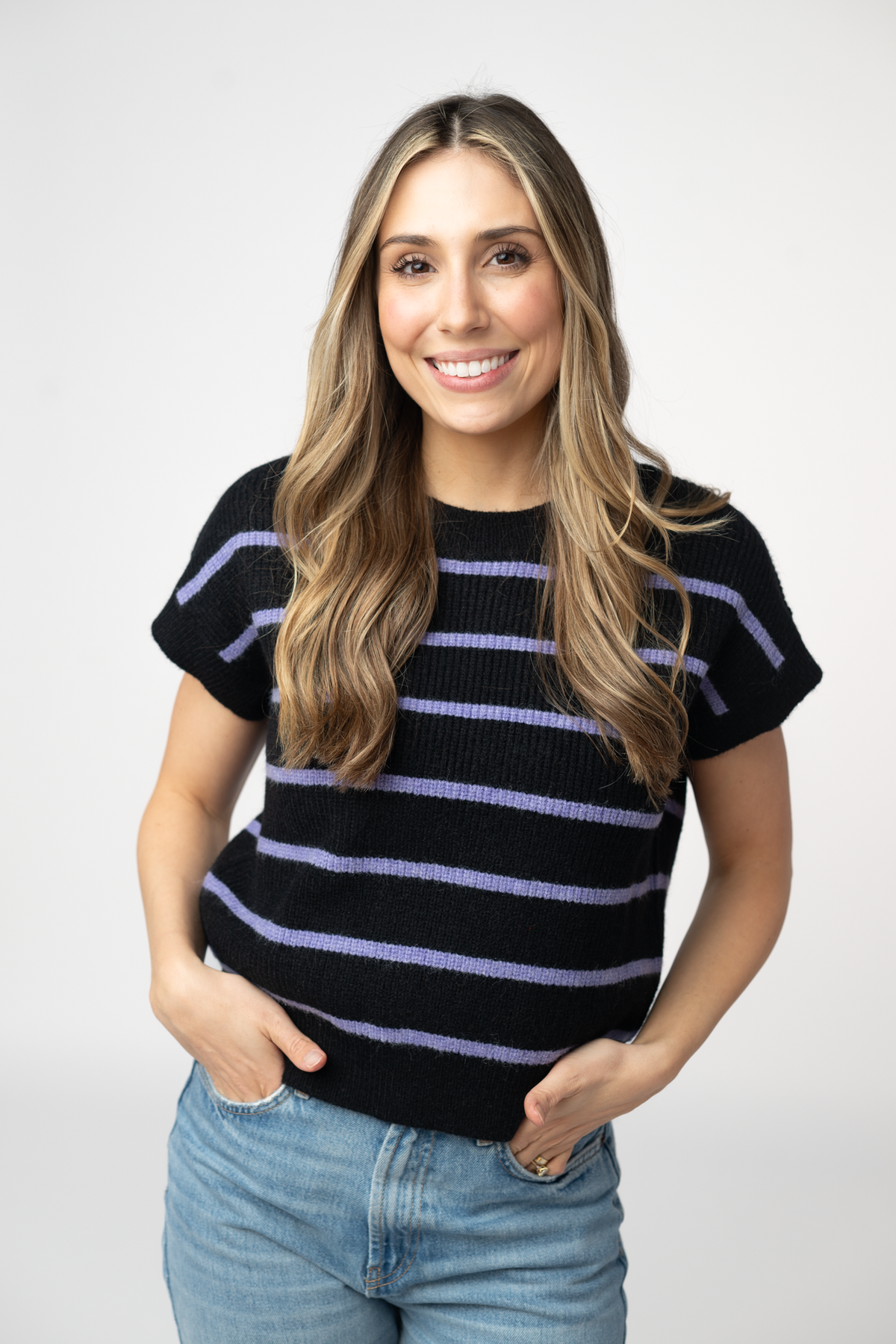 Striped Sweater Top - Black and Purple-Sweater-Villari Chic, women's online fashion boutique in Severna, Maryland