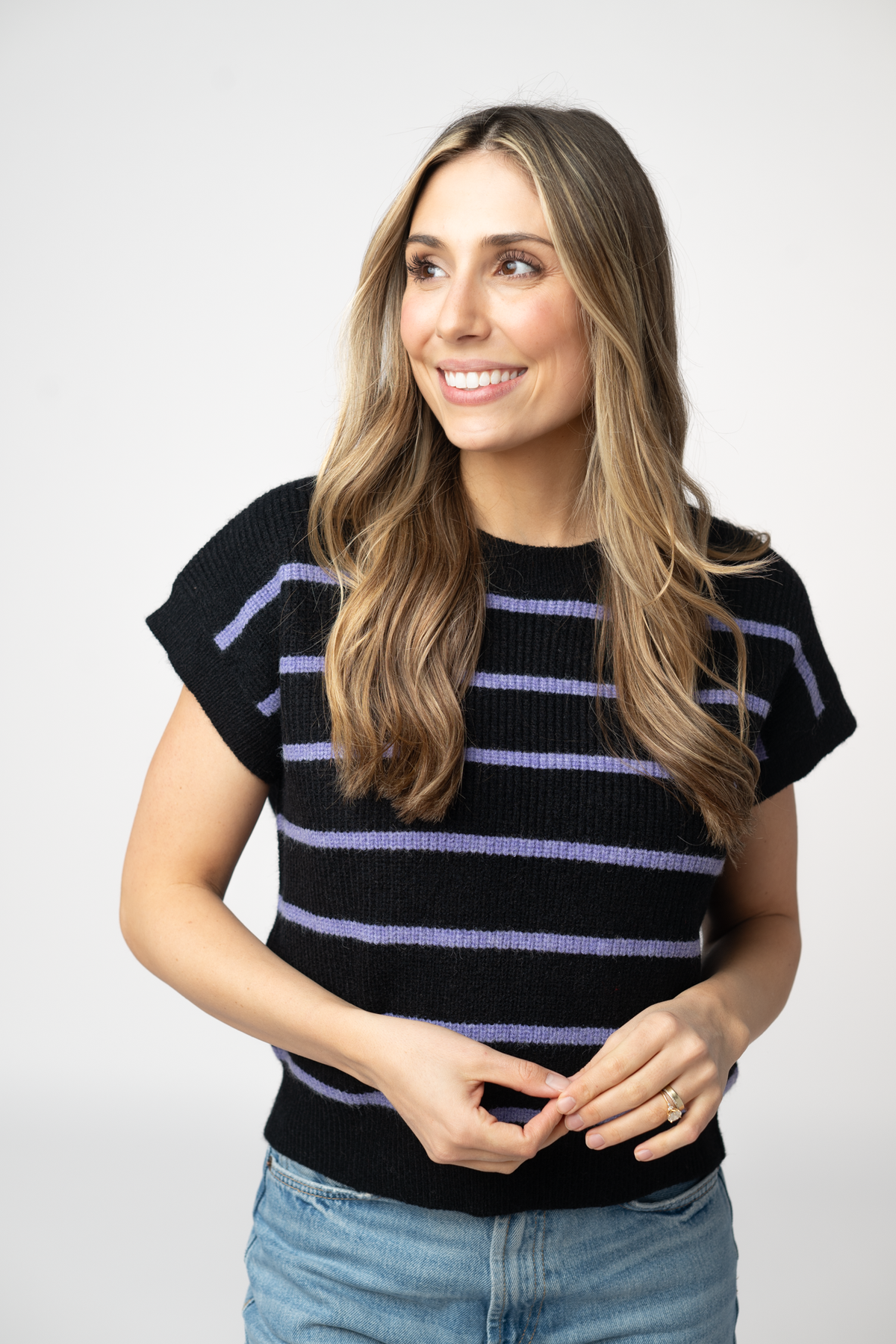 Striped Sweater Top - Black and Purple-Sweater-Villari Chic, women's online fashion boutique in Severna, Maryland