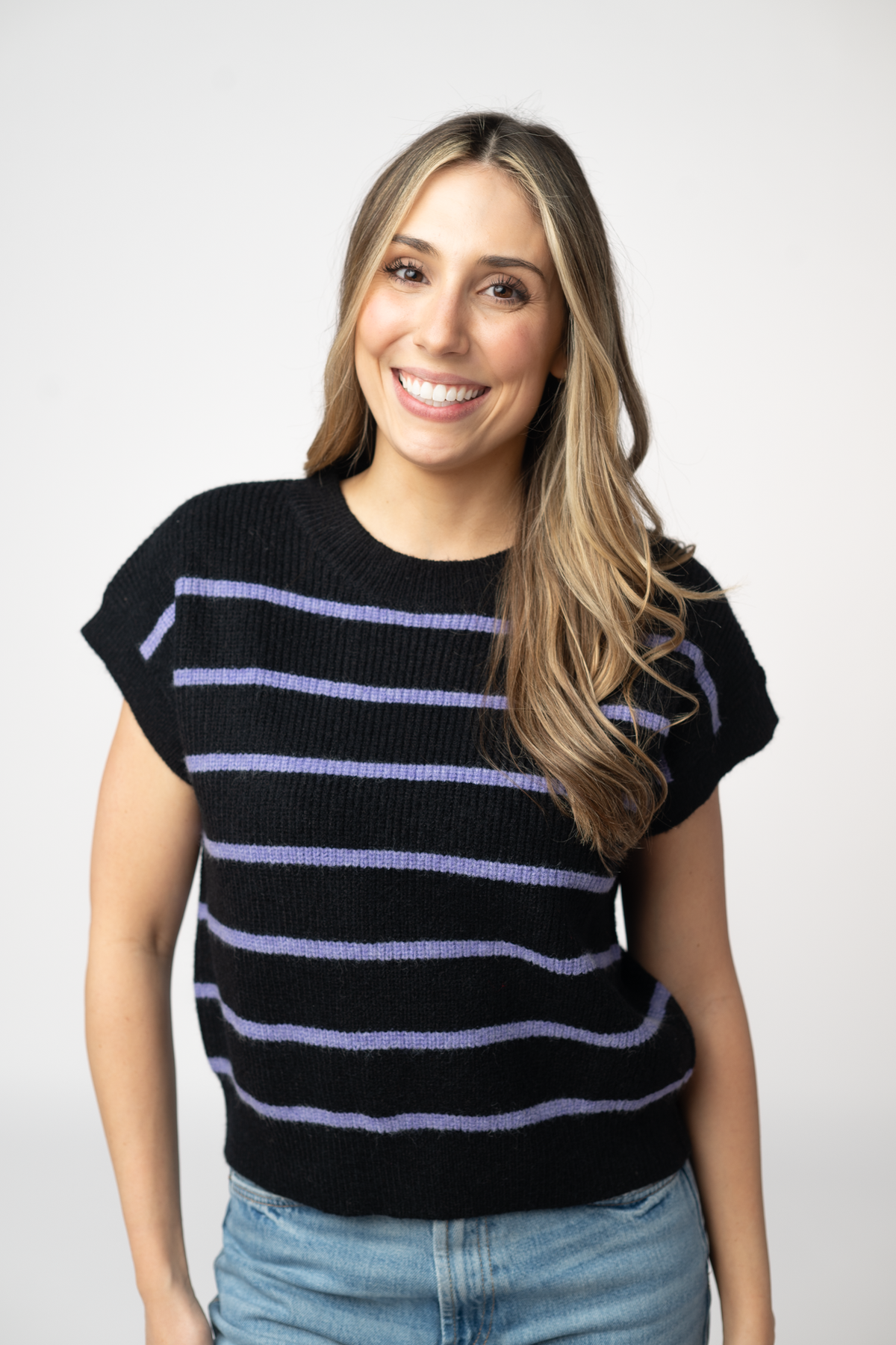 Striped Sweater Top - Black and Purple-Sweater-Villari Chic, women's online fashion boutique in Severna, Maryland