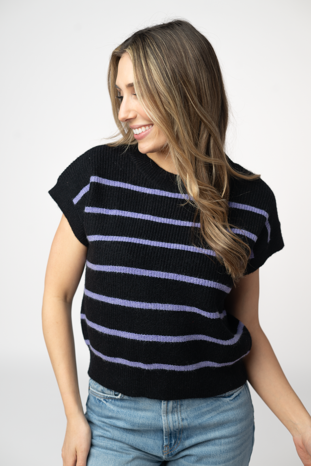 Striped Sweater Top - Black and Purple-Sweater-Villari Chic, women's online fashion boutique in Severna, Maryland