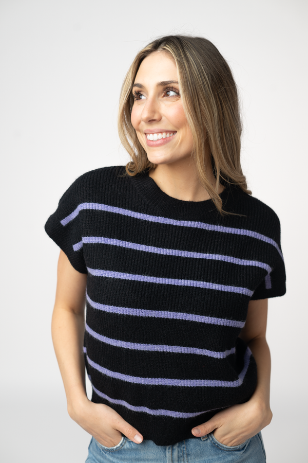 Striped Sweater Top - Black and Purple-Sweater-Villari Chic, women's online fashion boutique in Severna, Maryland