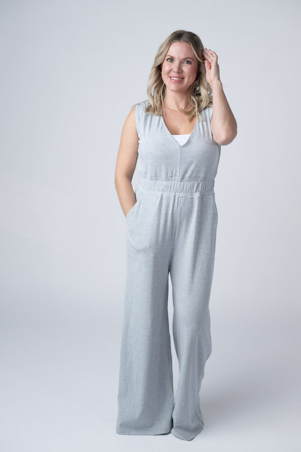 Kenzie Striped Jumpsuit - Grey-jumpsuit-Villari Chic, women's online fashion boutique in Severna, Maryland