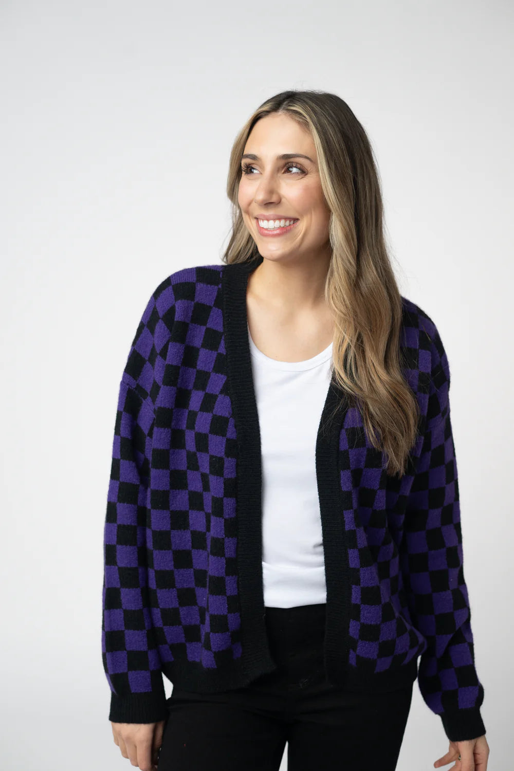Micro Checkered Cardigan - Black and Purple-Cardigan-Villari Chic, women's online fashion boutique in Severna, Maryland