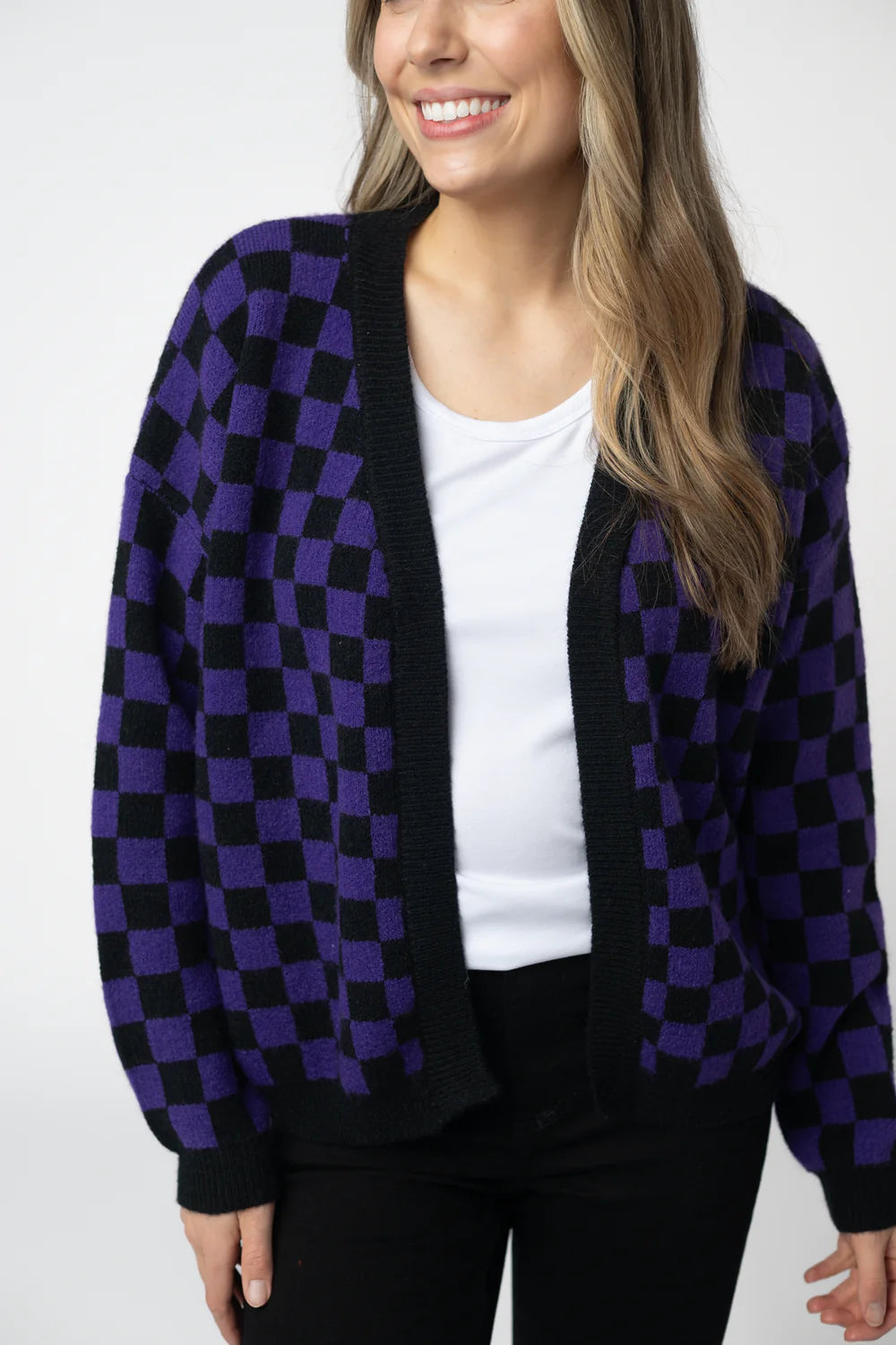 Micro Checkered Cardigan - Black and Purple-Cardigan-Villari Chic, women's online fashion boutique in Severna, Maryland