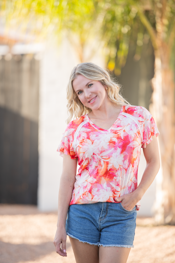 Raelynn V-Neck Top - Sunset Tropical Floral-Tops-Villari Chic, women's online fashion boutique in Severna, Maryland