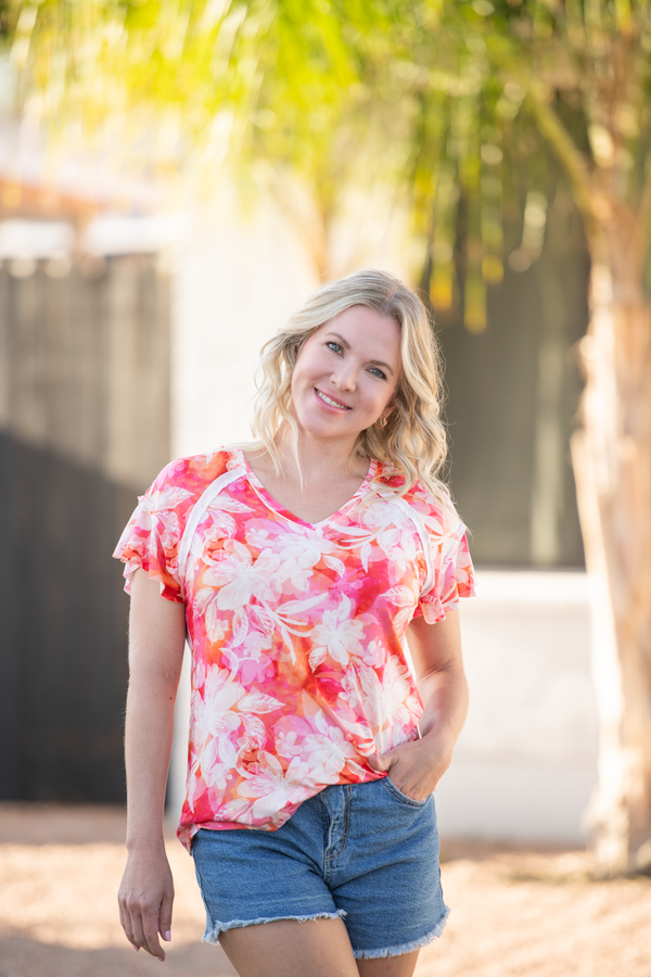 Raelynn V-Neck Top - Sunset Tropical Floral-Tops-Villari Chic, women's online fashion boutique in Severna, Maryland
