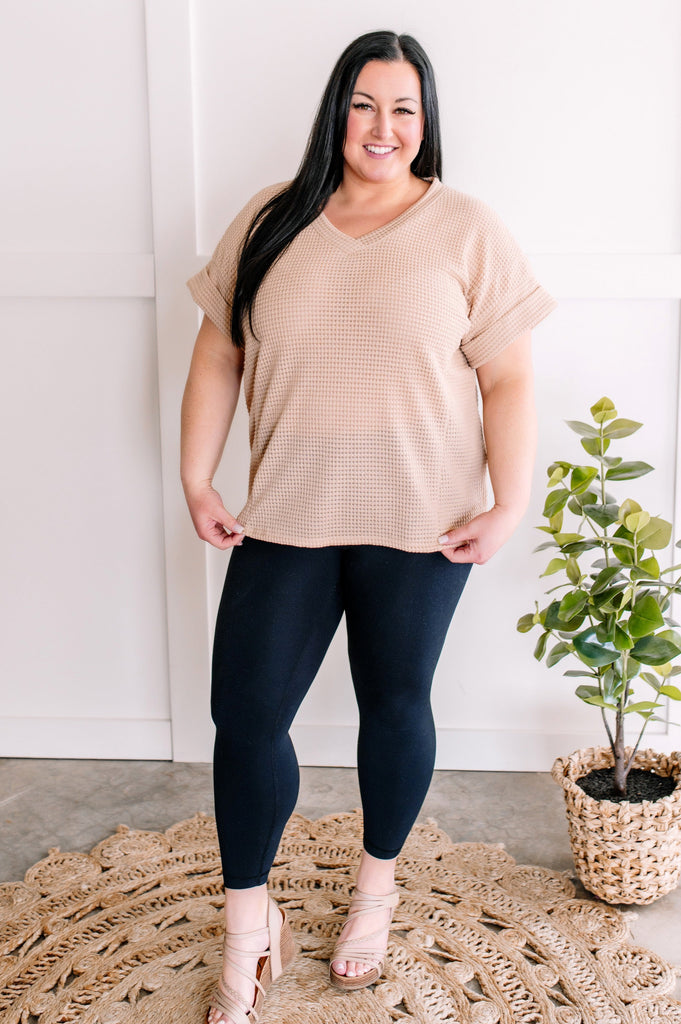 V Neck Waffle Knit Top in Nude-Villari Chic, women's online fashion boutique in Severna, Maryland