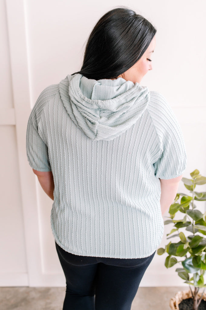 Short Sleeve Cable Knit Hoodie in Light Agave-Villari Chic, women's online fashion boutique in Severna, Maryland