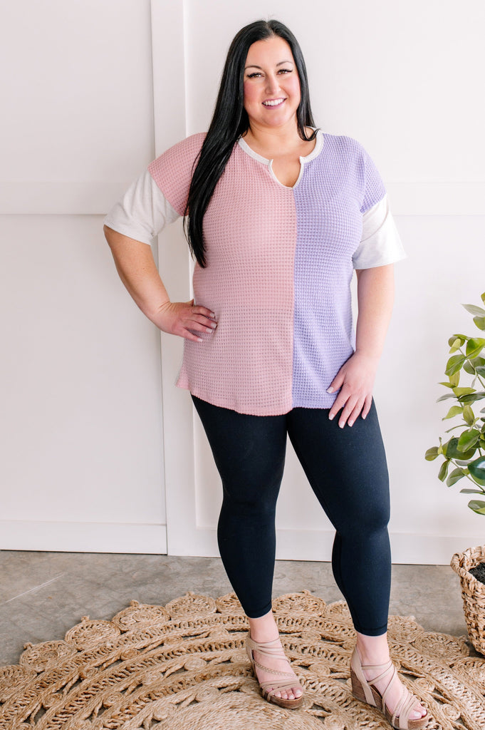 Color Block Short Sleeve Waffle Knit in Pink & Lilac-Villari Chic, women's online fashion boutique in Severna, Maryland