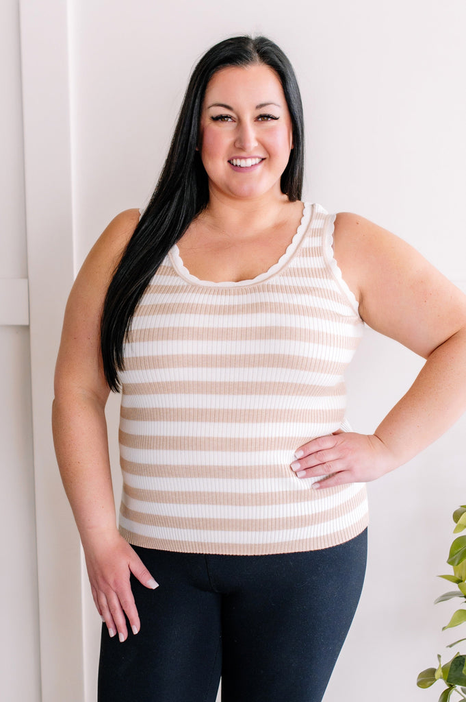 Scalloped Sleeveless Top in Tan & White Stripes-Villari Chic, women's online fashion boutique in Severna, Maryland