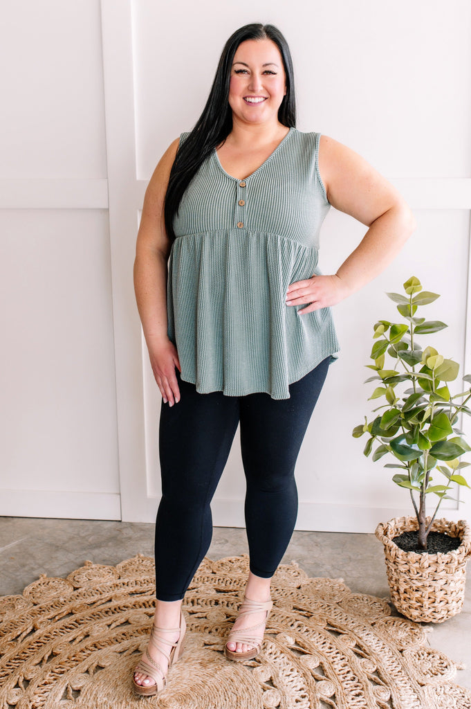 Sleeveless Babydoll Top with Button Detail in Rustic Sage-Villari Chic, women's online fashion boutique in Severna, Maryland