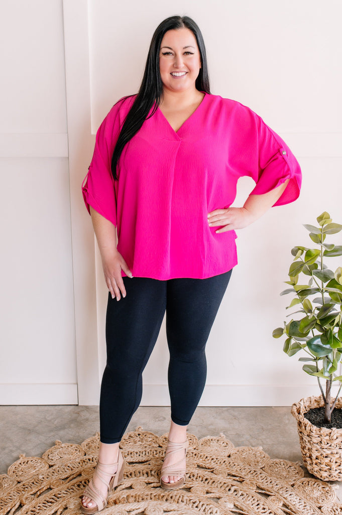 Pleated Blouse with Button Sleeve Detail in Hot Pink-Villari Chic, women's online fashion boutique in Severna, Maryland