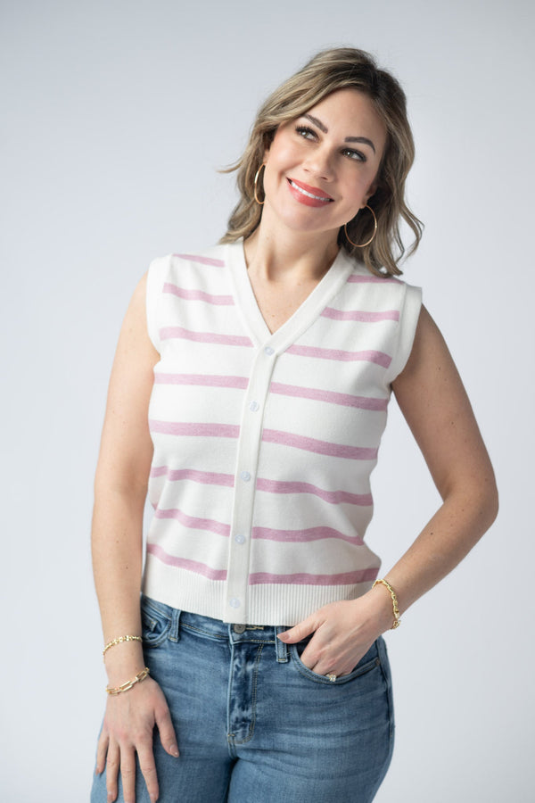 Lucy Striped Button Tank - Pink-Tops-Villari Chic, women's online fashion boutique in Severna, Maryland