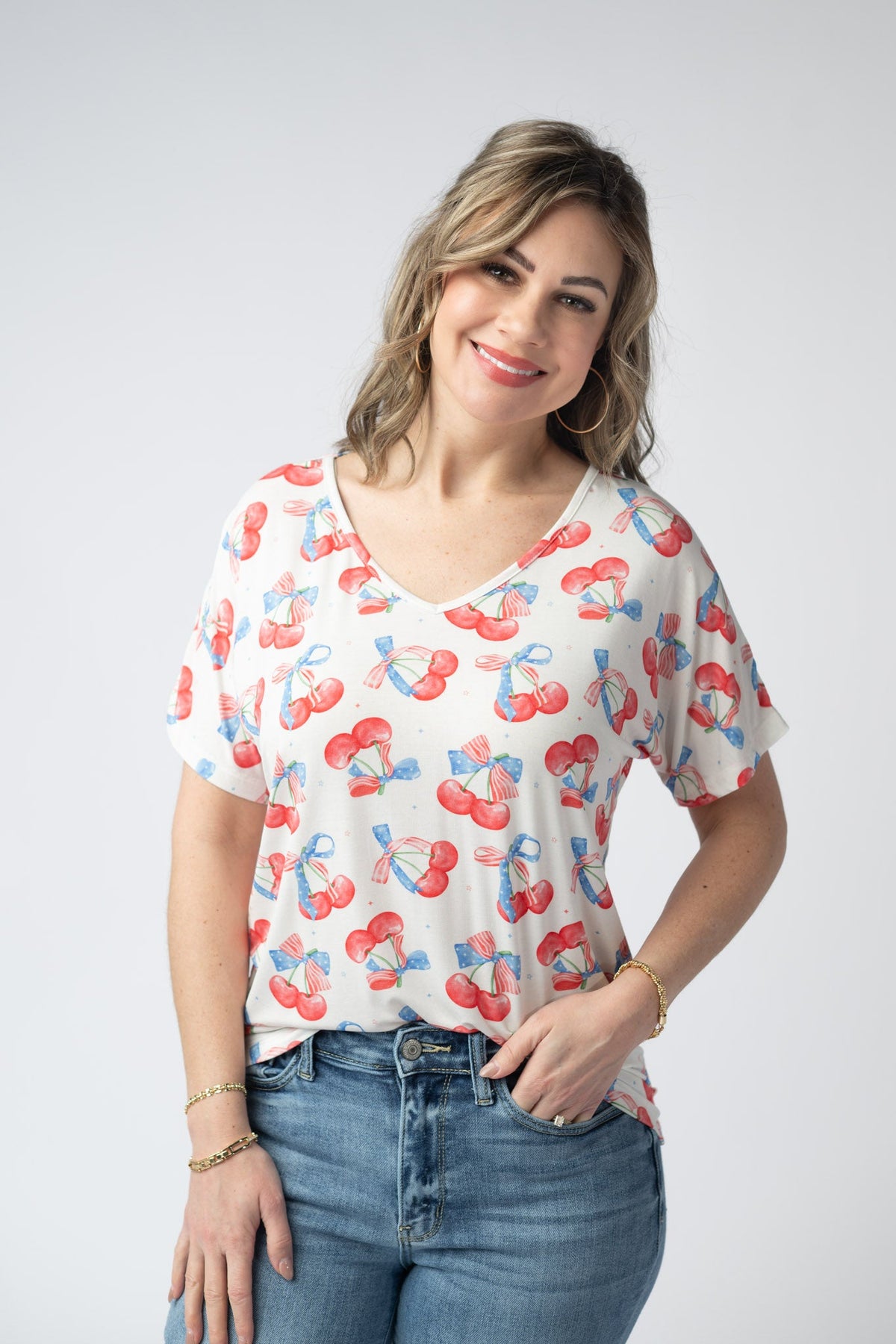 Chloe Cozy Top - Patriotic Cherries-Tops-Villari Chic, women's online fashion boutique in Severna, Maryland