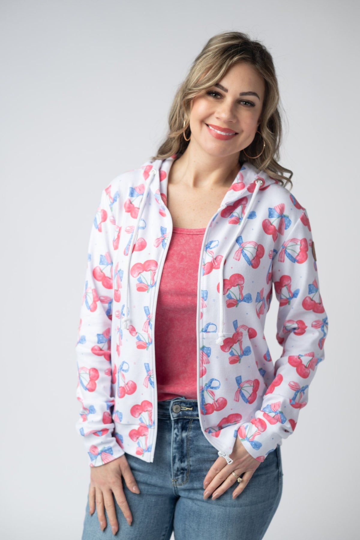 Fullzip Hoodie - Patriotic Cherries-hoodie-Villari Chic, women's online fashion boutique in Severna, Maryland
