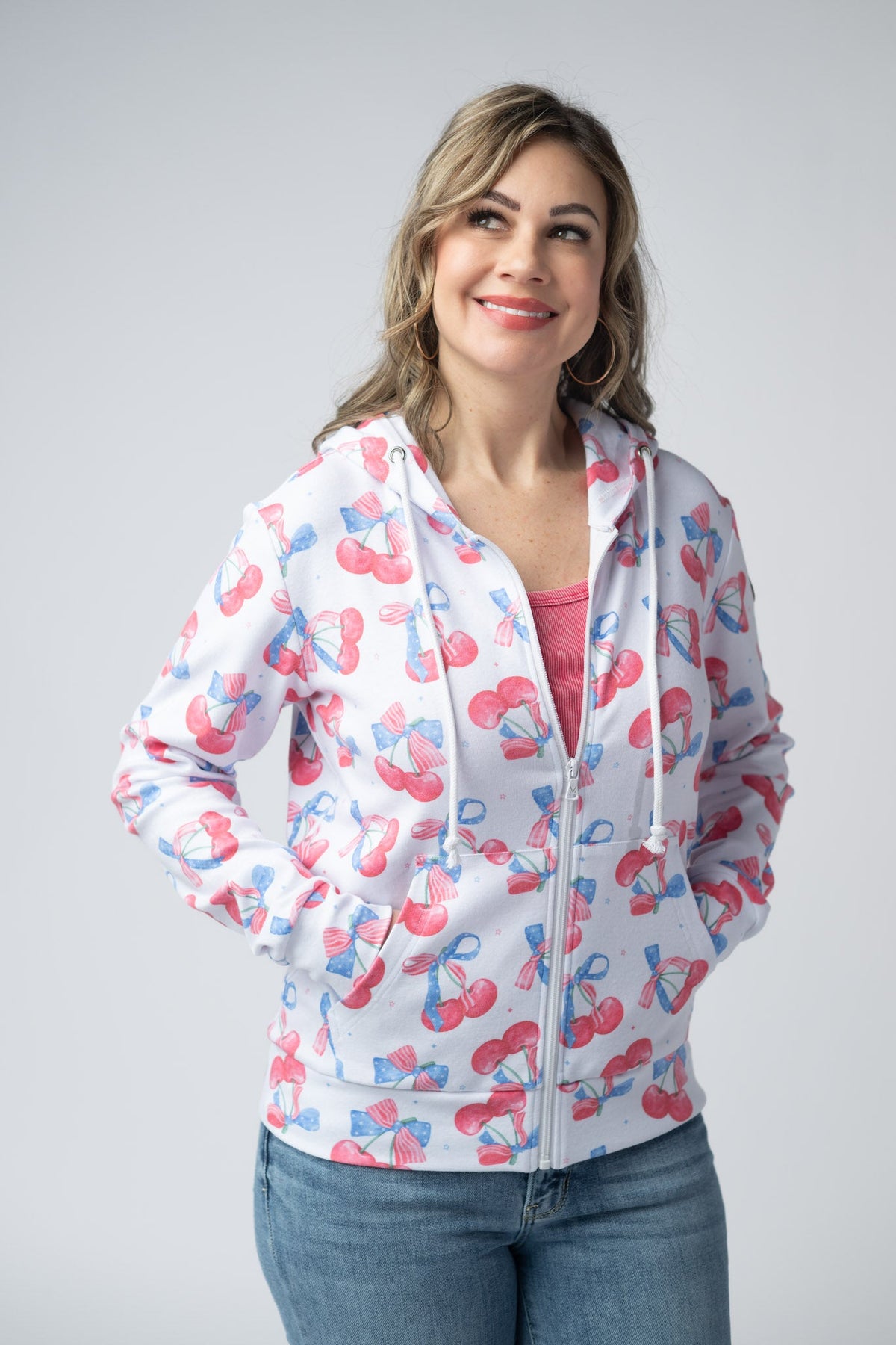 Fullzip Hoodie - Patriotic Cherries-hoodie-Villari Chic, women's online fashion boutique in Severna, Maryland