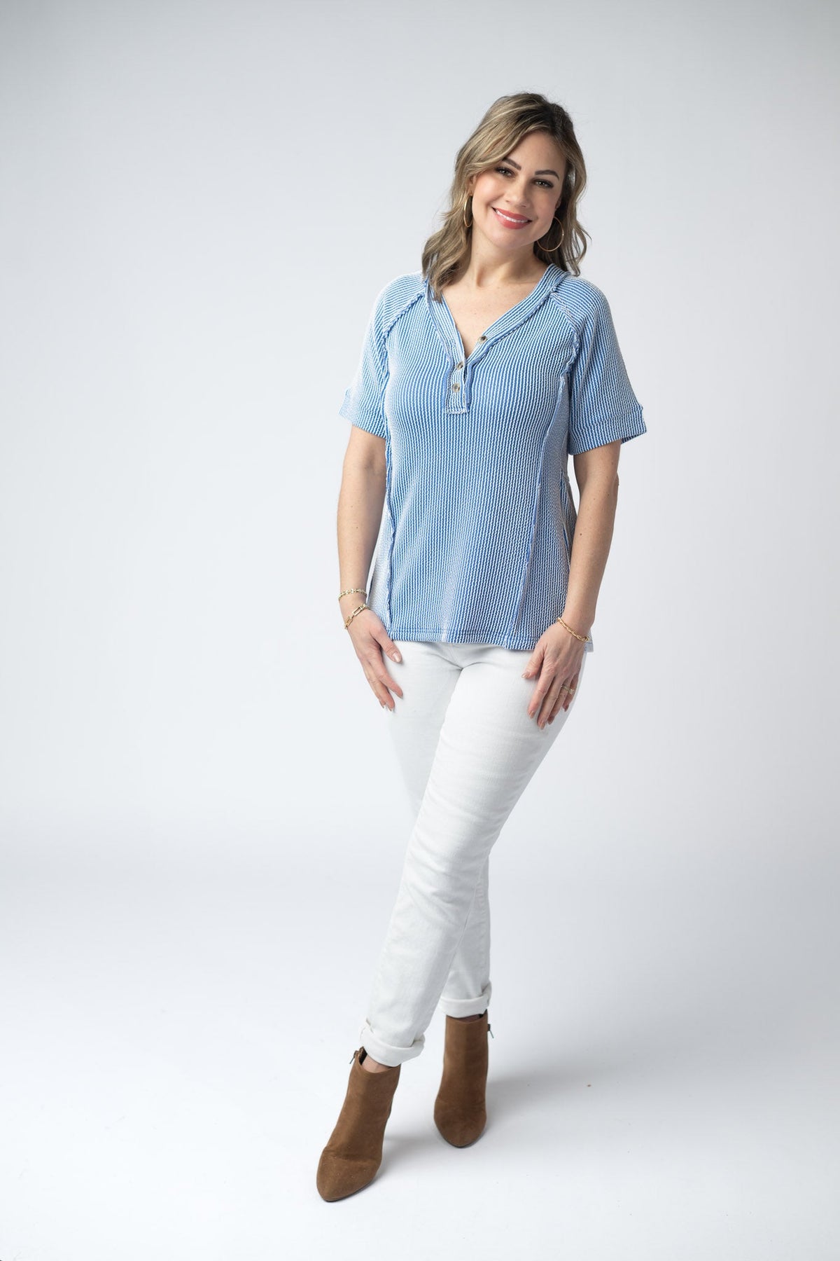 Juliette Button Top - Blue-Tops-Villari Chic, women's online fashion boutique in Severna, Maryland