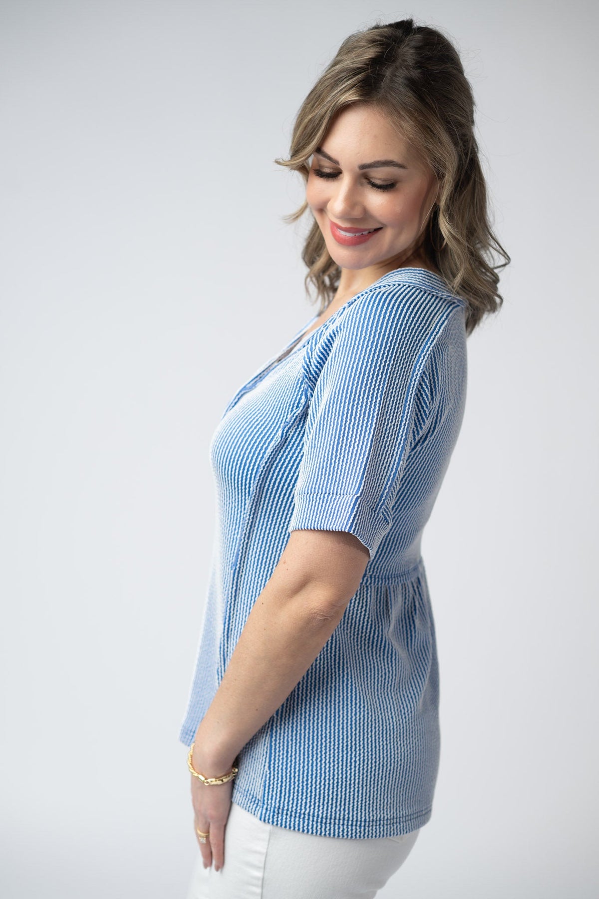 Juliette Button Top - Blue-Tops-Villari Chic, women's online fashion boutique in Severna, Maryland