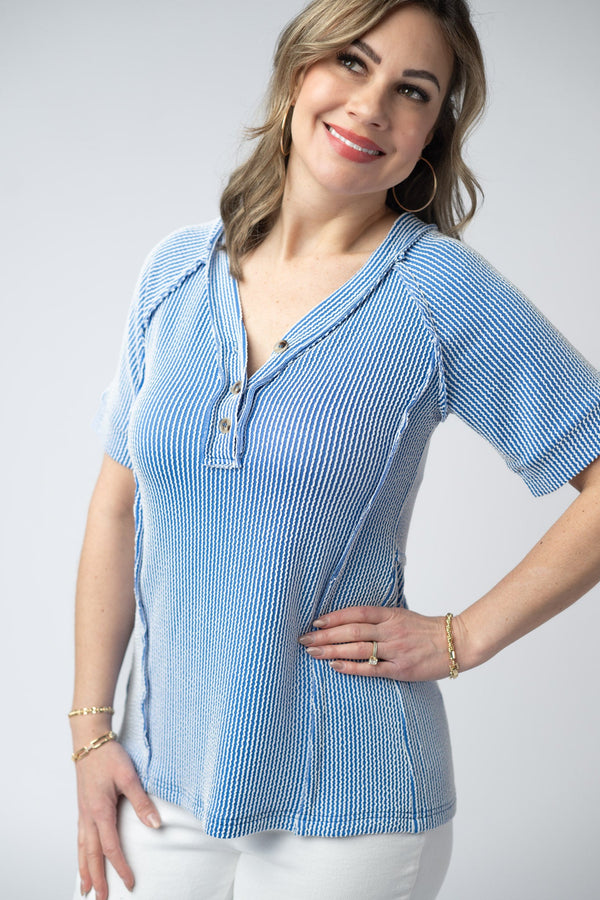 Juliette Button Top - Blue-Tops-Villari Chic, women's online fashion boutique in Severna, Maryland