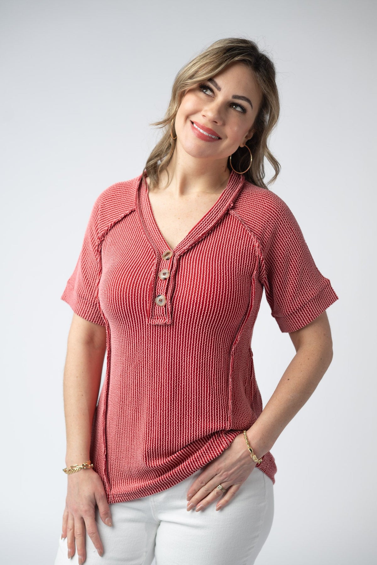 Juliette Button Top - Red-Tops-Villari Chic, women's online fashion boutique in Severna, Maryland