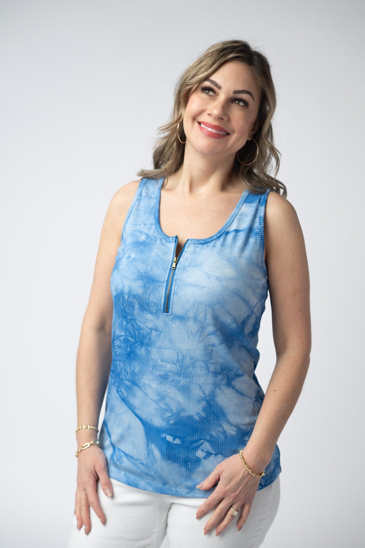 Mila Zipper Tank - Blue Tie Dye-clothing-Villari Chic, women's online fashion boutique in Severna, Maryland