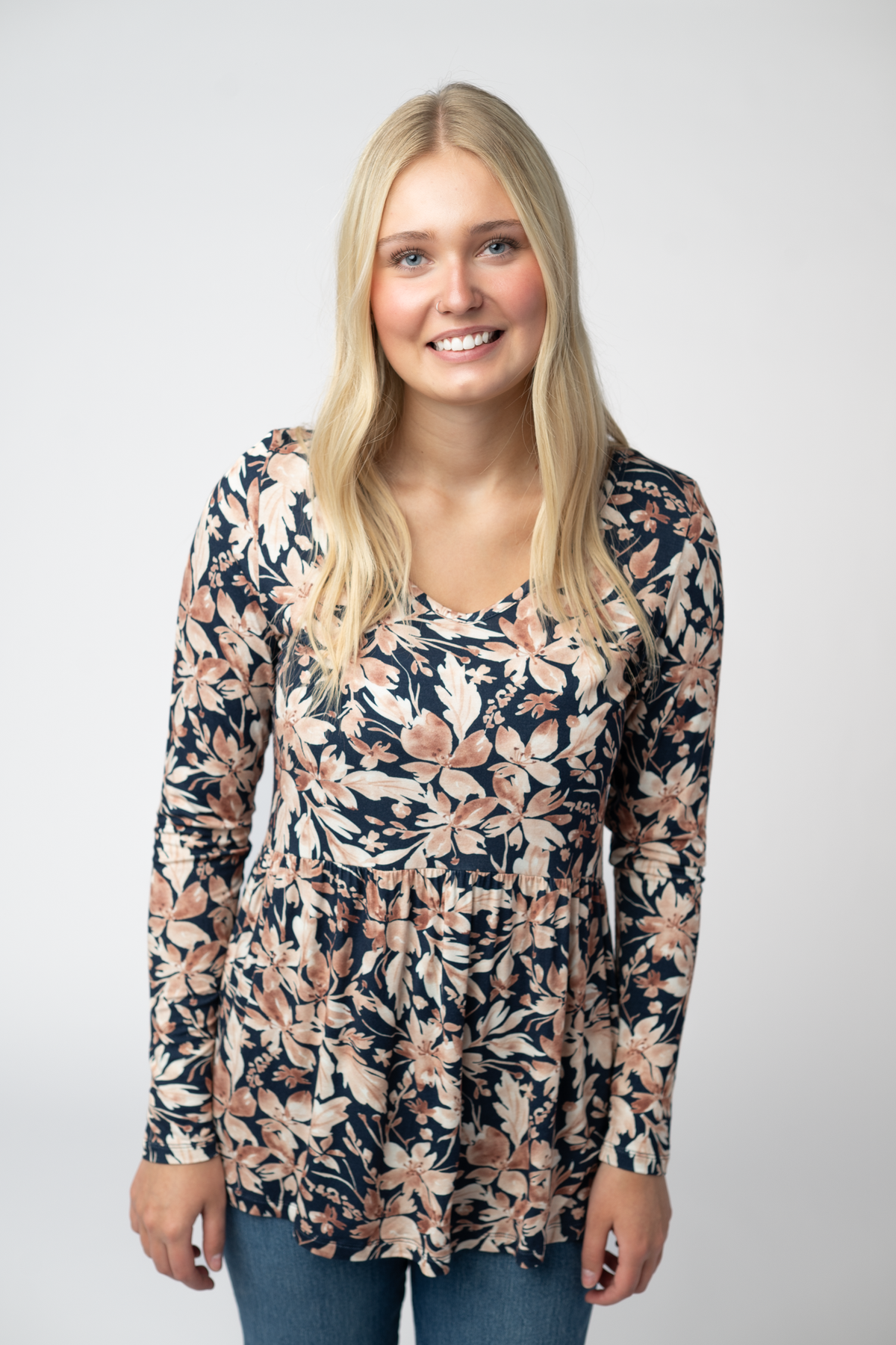 Long Sleeve Sarah Ruffle Top - Navy Autumn Petals-Tops-Villari Chic, women's online fashion boutique in Severna, Maryland