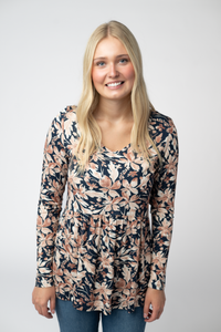 Long Sleeve Sarah Ruffle Top - Navy Autumn Petals-Tops-Villari Chic, women's online fashion boutique in Severna, Maryland