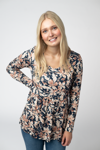 Long Sleeve Sarah Ruffle Top - Navy Autumn Petals-Tops-Villari Chic, women's online fashion boutique in Severna, Maryland
