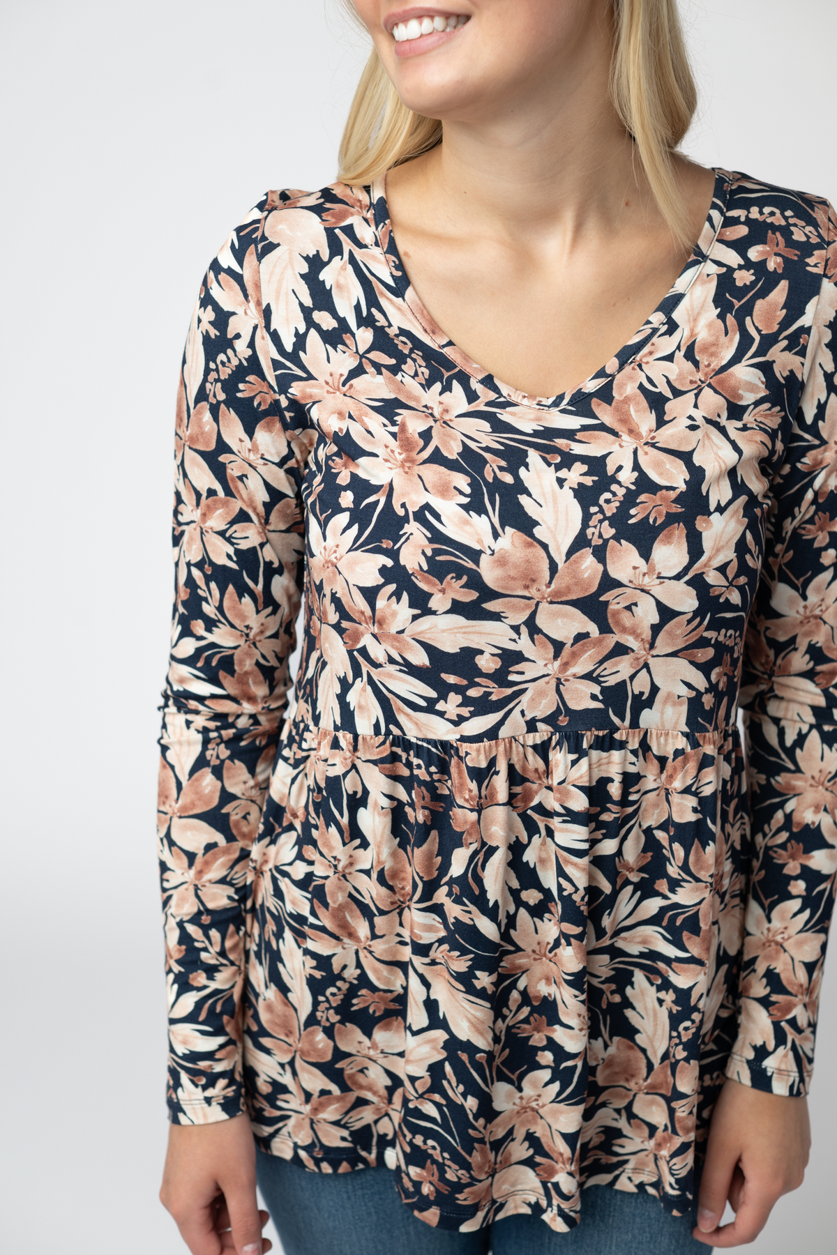 Long Sleeve Sarah Ruffle Top - Navy Autumn Petals-Tops-Villari Chic, women's online fashion boutique in Severna, Maryland