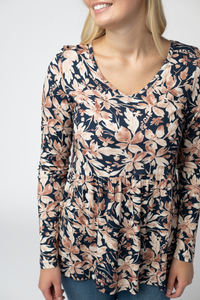 Long Sleeve Sarah Ruffle Top - Navy Autumn Petals-Tops-Villari Chic, women's online fashion boutique in Severna, Maryland