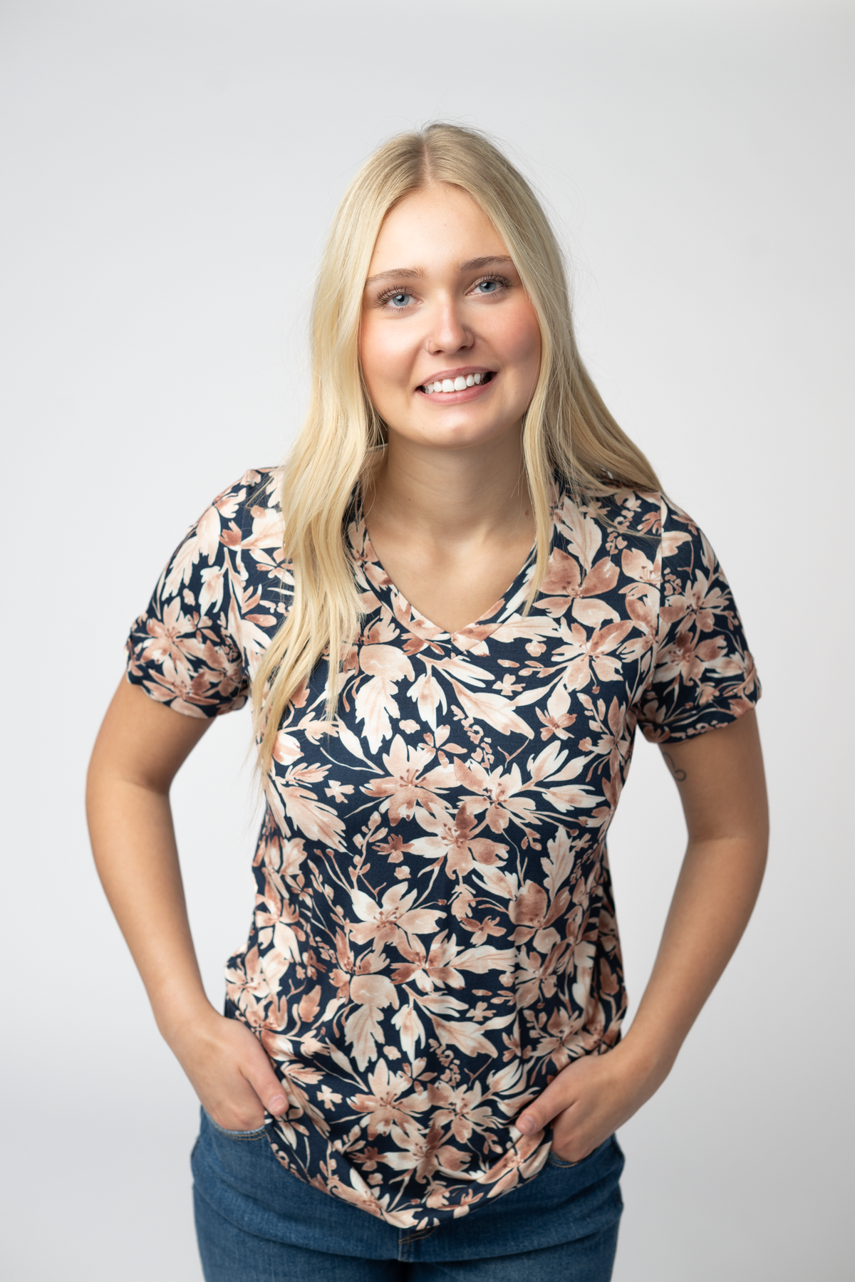 Sophie Top - Navy Autumn Petals-Shirts-Villari Chic, women's online fashion boutique in Severna, Maryland