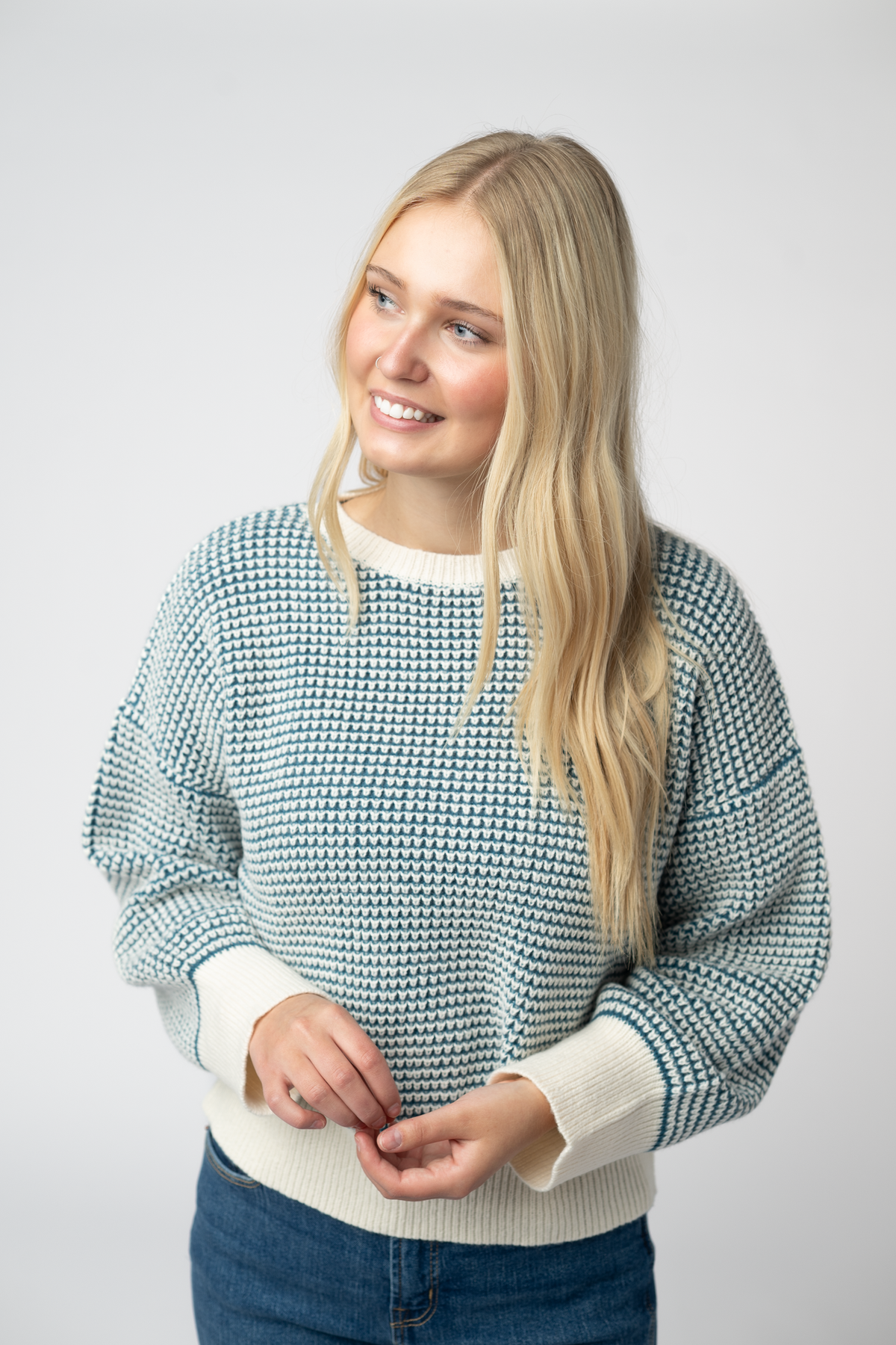 Charlotte Sweater - Teal and Ivory-Sweater-Villari Chic, women's online fashion boutique in Severna, Maryland