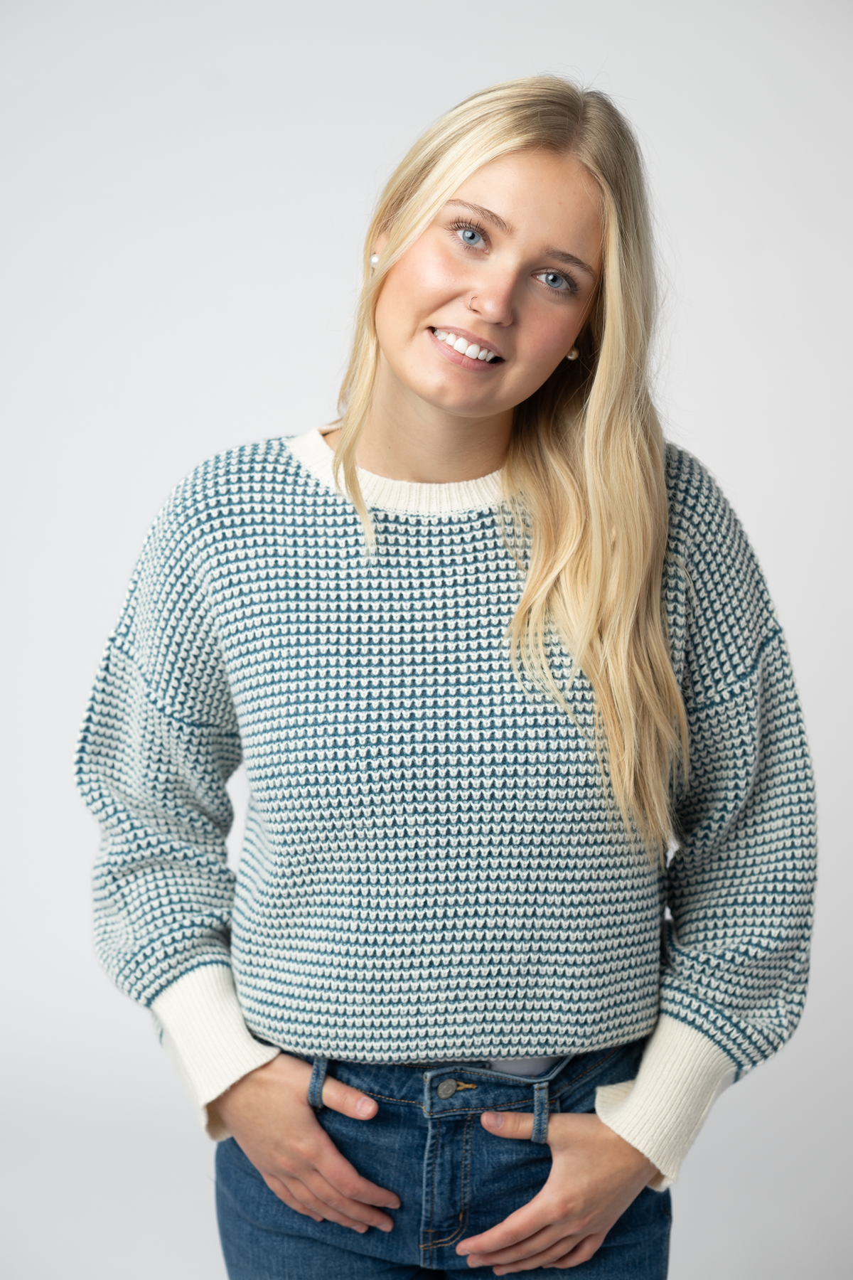 Charlotte Sweater - Teal and Ivory-Sweater-Villari Chic, women's online fashion boutique in Severna, Maryland