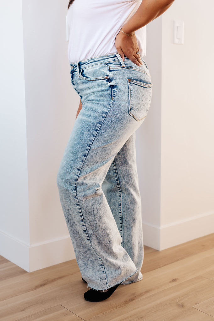 Judy Blue High Waist Mineral Wash Raw Hem Wide Leg Jeans-Womens-Villari Chic, women's online fashion boutique in Severna, Maryland