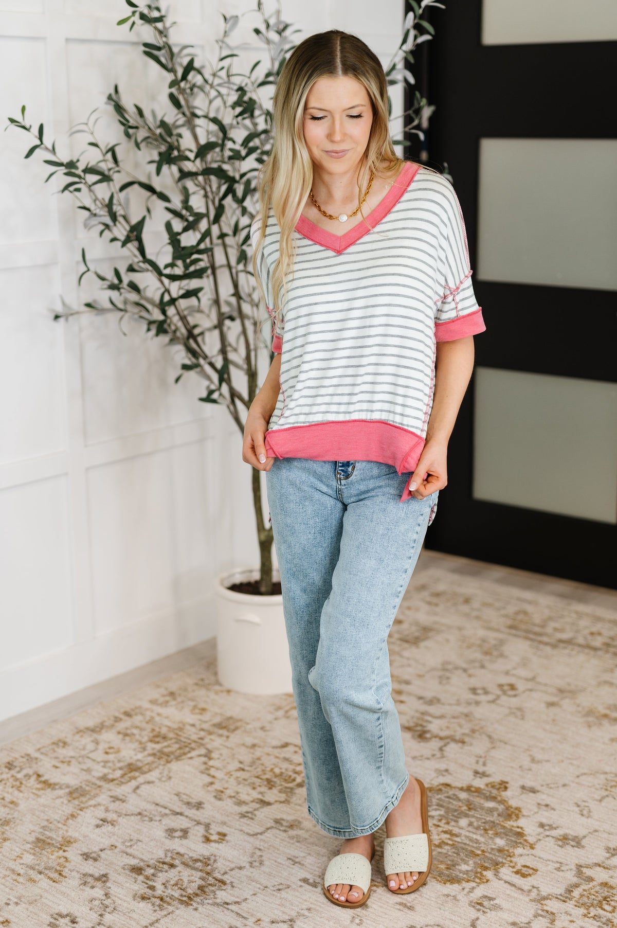 Dressed to Chill V-Neck Top in Heather/Grey/Ivory/Pink-Womens-Villari Chic, women's online fashion boutique in Severna, Maryland