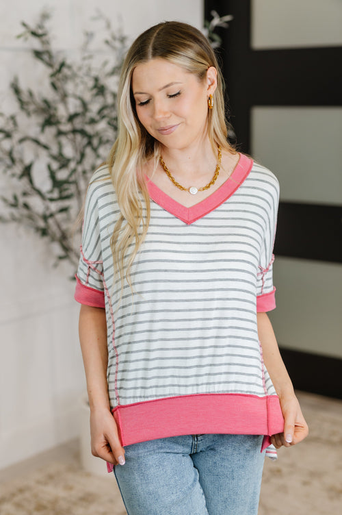 Dressed to Chill V-Neck Top in Heather/Grey/Ivory/Pink-Womens-Villari Chic, women's online fashion boutique in Severna, Maryland