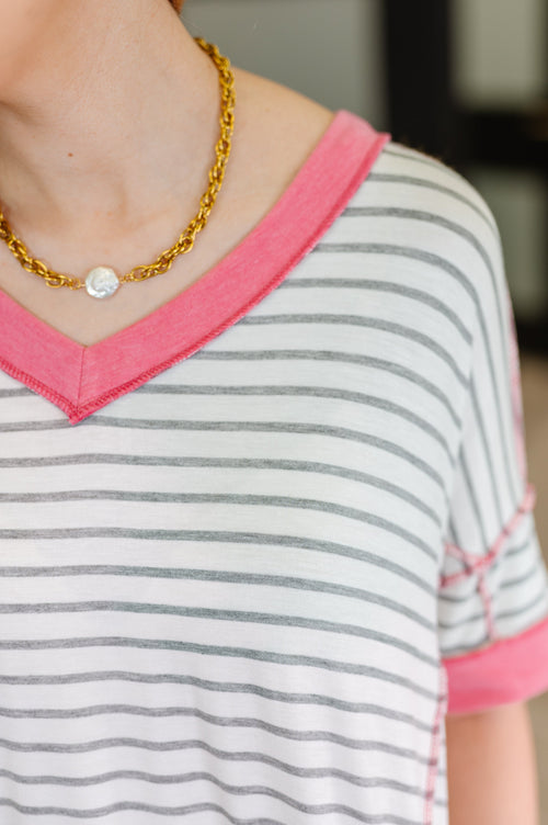 Dressed to Chill V-Neck Top in Heather/Grey/Ivory/Pink-Womens-Villari Chic, women's online fashion boutique in Severna, Maryland