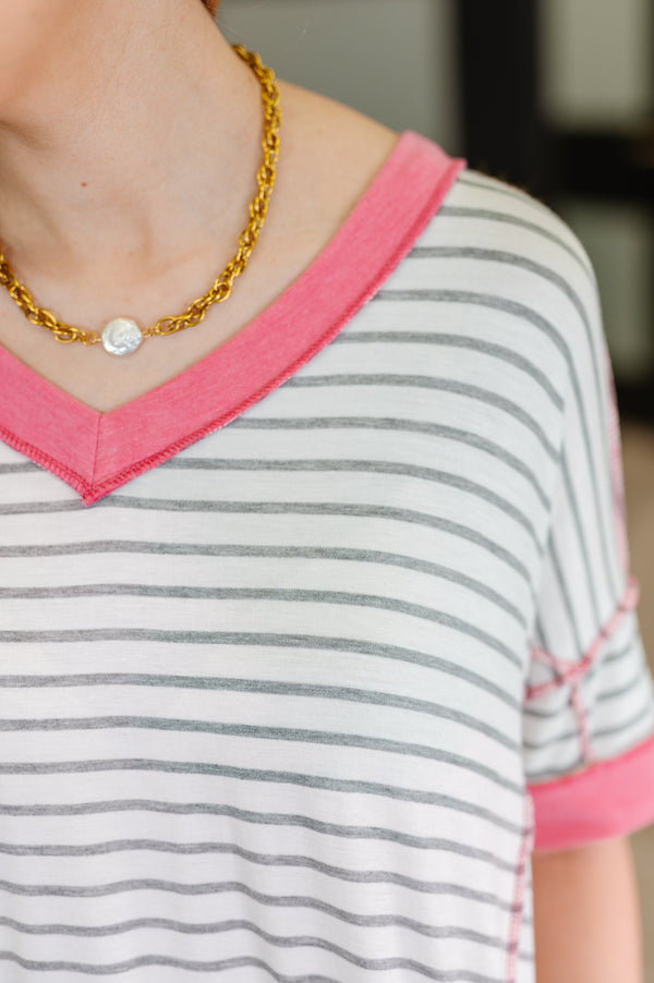 Dressed to Chill V-Neck Top in Heather/Grey/Ivory/Pink-Womens-Villari Chic, women's online fashion boutique in Severna, Maryland