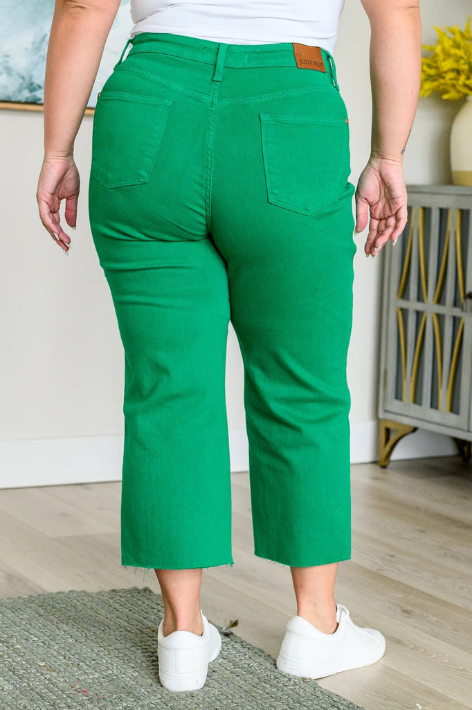 Judy Blue Tummy Control Wide Leg Crop Jeans in Kelly Green-Denim-Villari Chic, women's online fashion boutique in Severna, Maryland