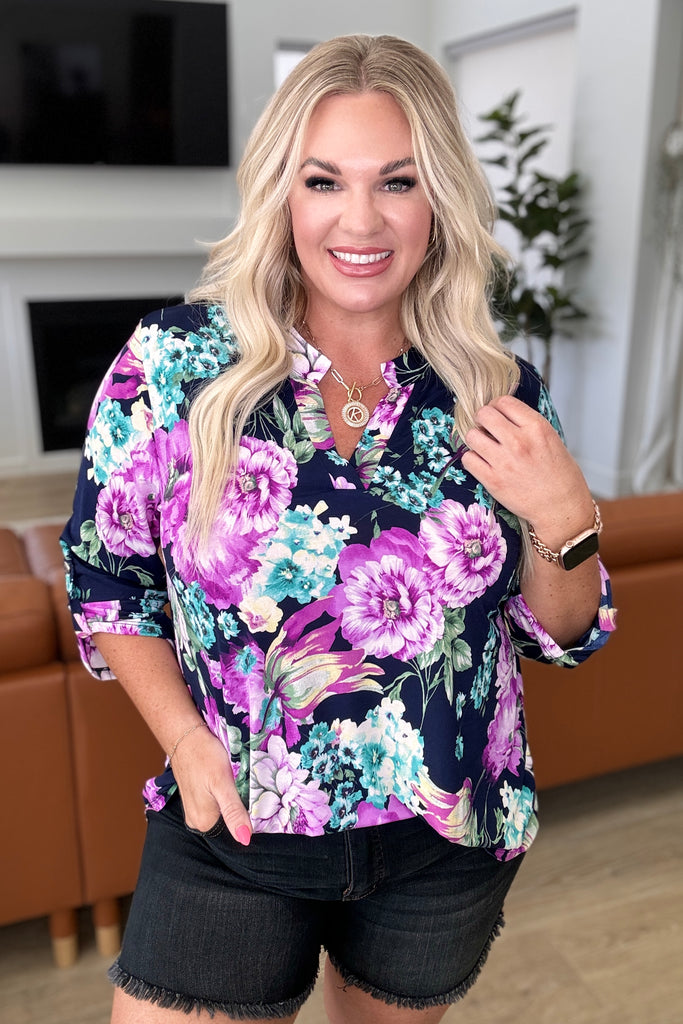Lizzy Top in Navy & Purple Floral-Tops-Villari Chic, women's online fashion boutique in Severna, Maryland