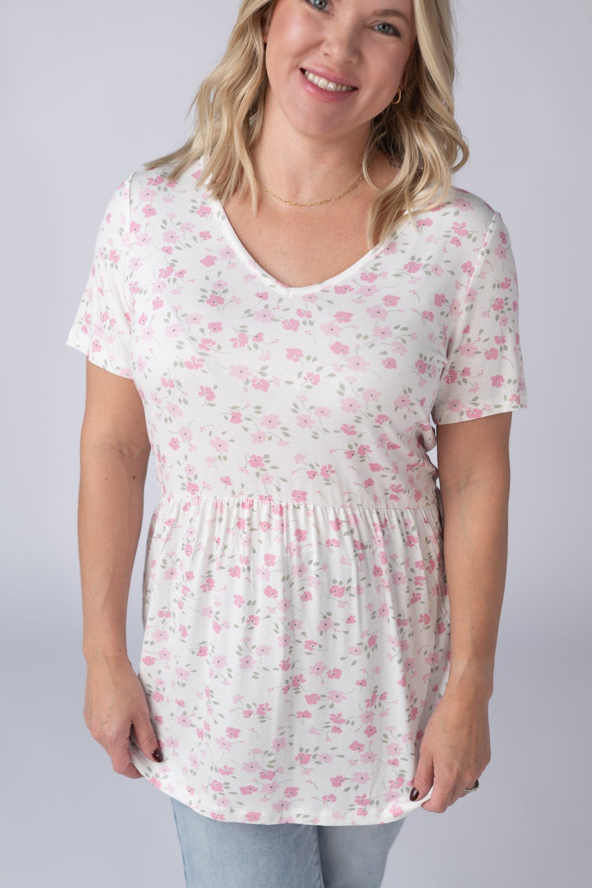 Sarah Ruffle Short Sleeve - Pretty in Pink Floral-Tops-Villari Chic, women's online fashion boutique in Severna, Maryland
