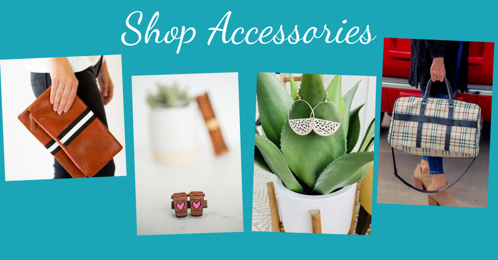 Shop Accessories with Villari Chic Boutique | Featured is 4 collage images of women showcasing wallets, bags and earrings | Villari Chic Boutique is an online women's fashion boutique located in Severna, Maryland