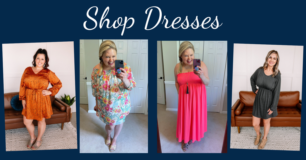 Shop Dresses with Villari Chic Boutique | Featured is 4 collage images of women showcasing various dresses above and below the knee | Villari Chic Boutique is an online women's fashion boutique located in Severna, Maryland